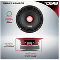 DS18 PRO-X6.4BMRGB 6.5 inch midrange speaker front view showing black paper cone with white RGB LED bullet resonator, DS18 embossed basket, and red anodized basket ring
