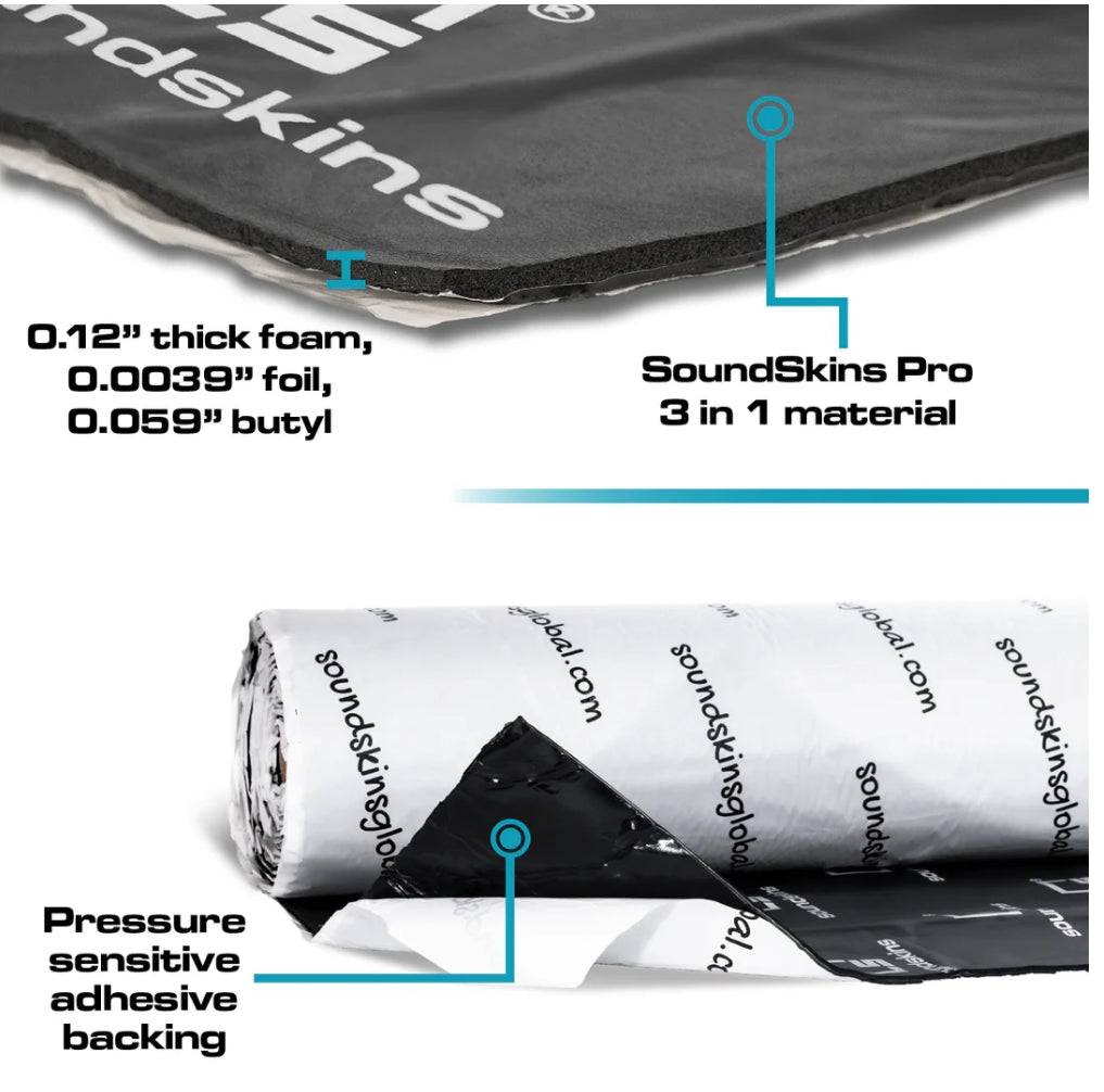 SoundSkins Pro SSPRO-1 3-in-1 sound deadening roll showing foam, foil, and butyl layers with pressure sensitive adhesive backing peeled back