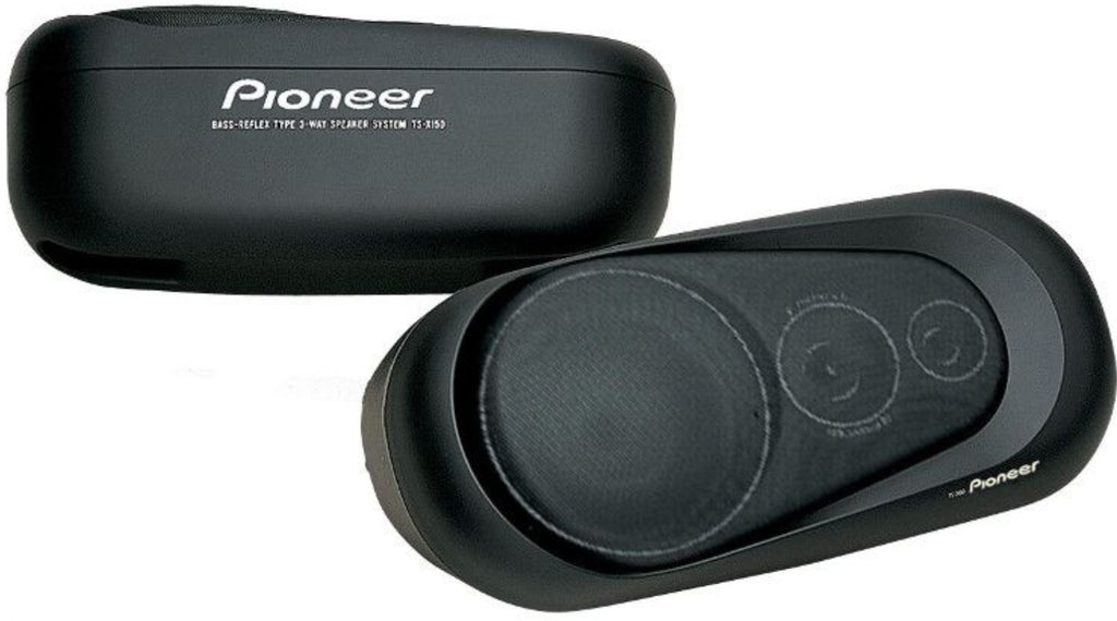 Pioneer TS-X150 3-way speakers. one facing forwards slightly angled and one facing backward