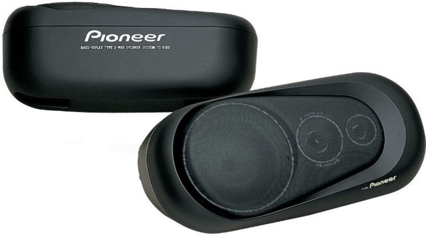 Pioneer TS-X150 3-way speakers. one facing forwards slightly angled and one facing backward