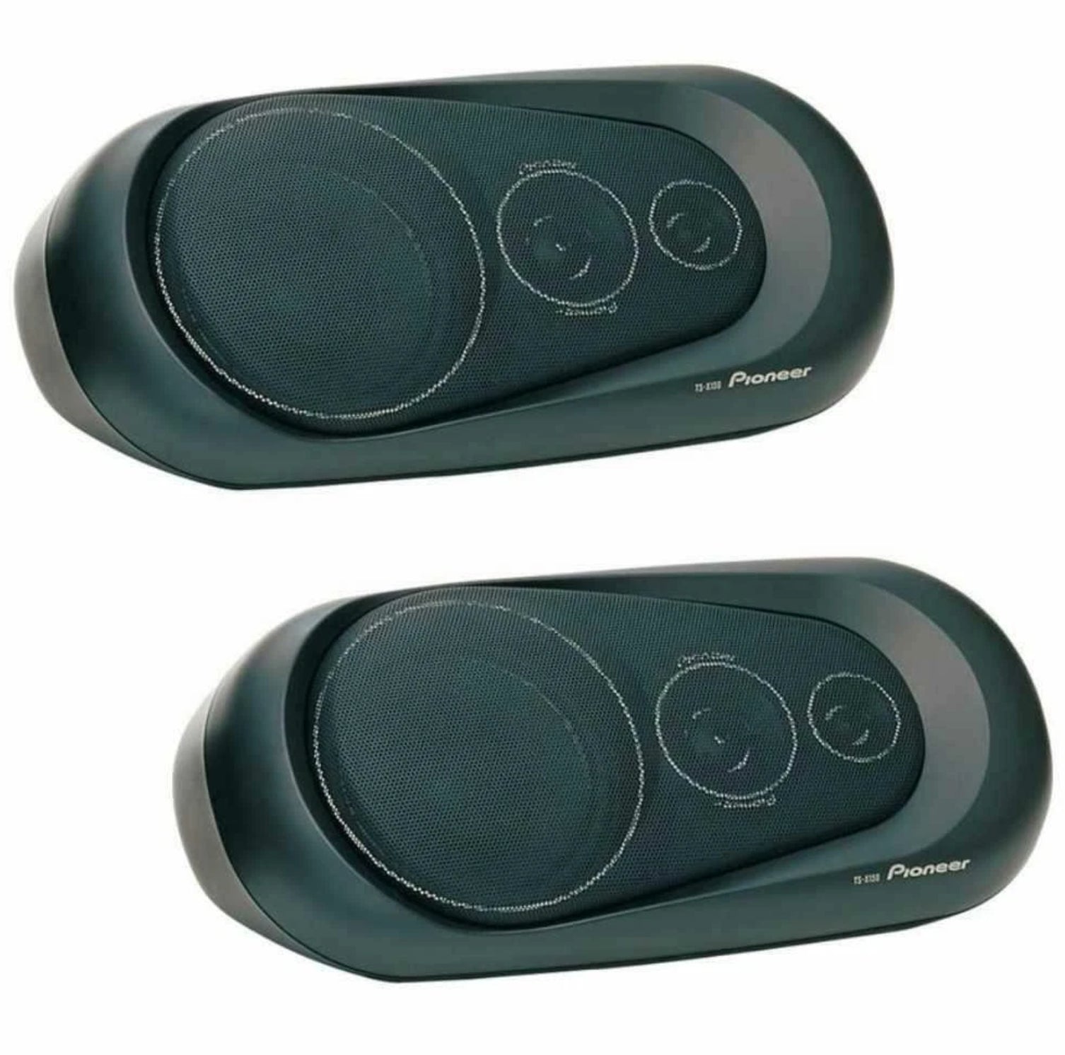Two black Pioneer TS-X150 car speaker pods shown on a plain white background.
