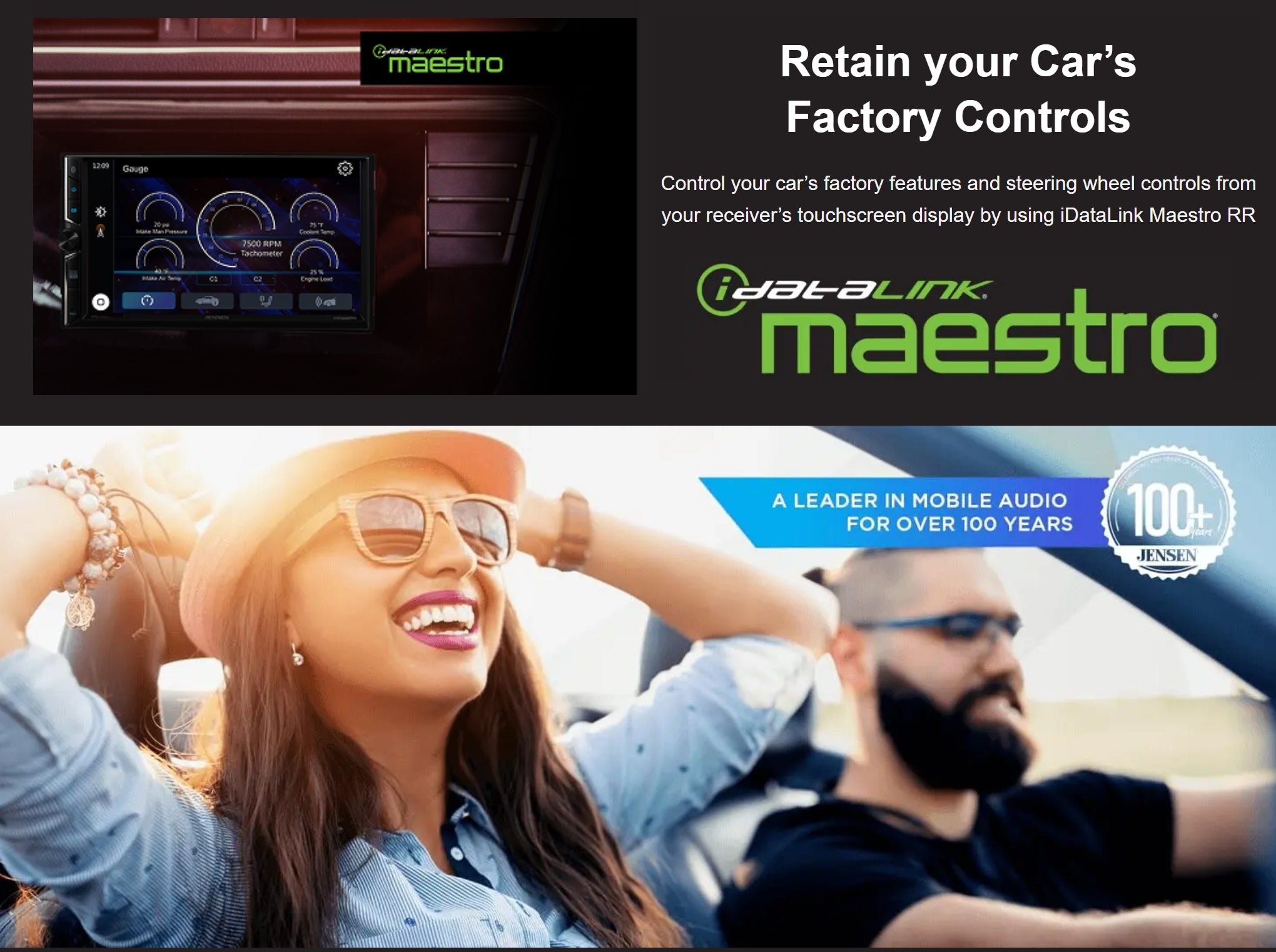 Promotional graphic for the DataLink Maestro car stereo head unit, showing the device on a dashboard, the product branding, and a lifestyle photo of a smiling couple in a car with mobile audio controls.