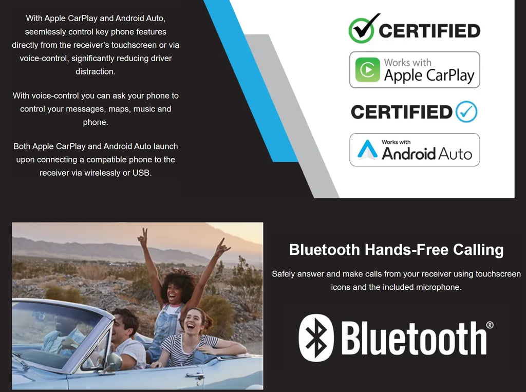 Promotional graphic for a Bluetooth hands-free calling feature, showing compatibility with Apple CarPlay and Android Auto, with text explaining voice control and a photo of a couple driving in a convertible car.
