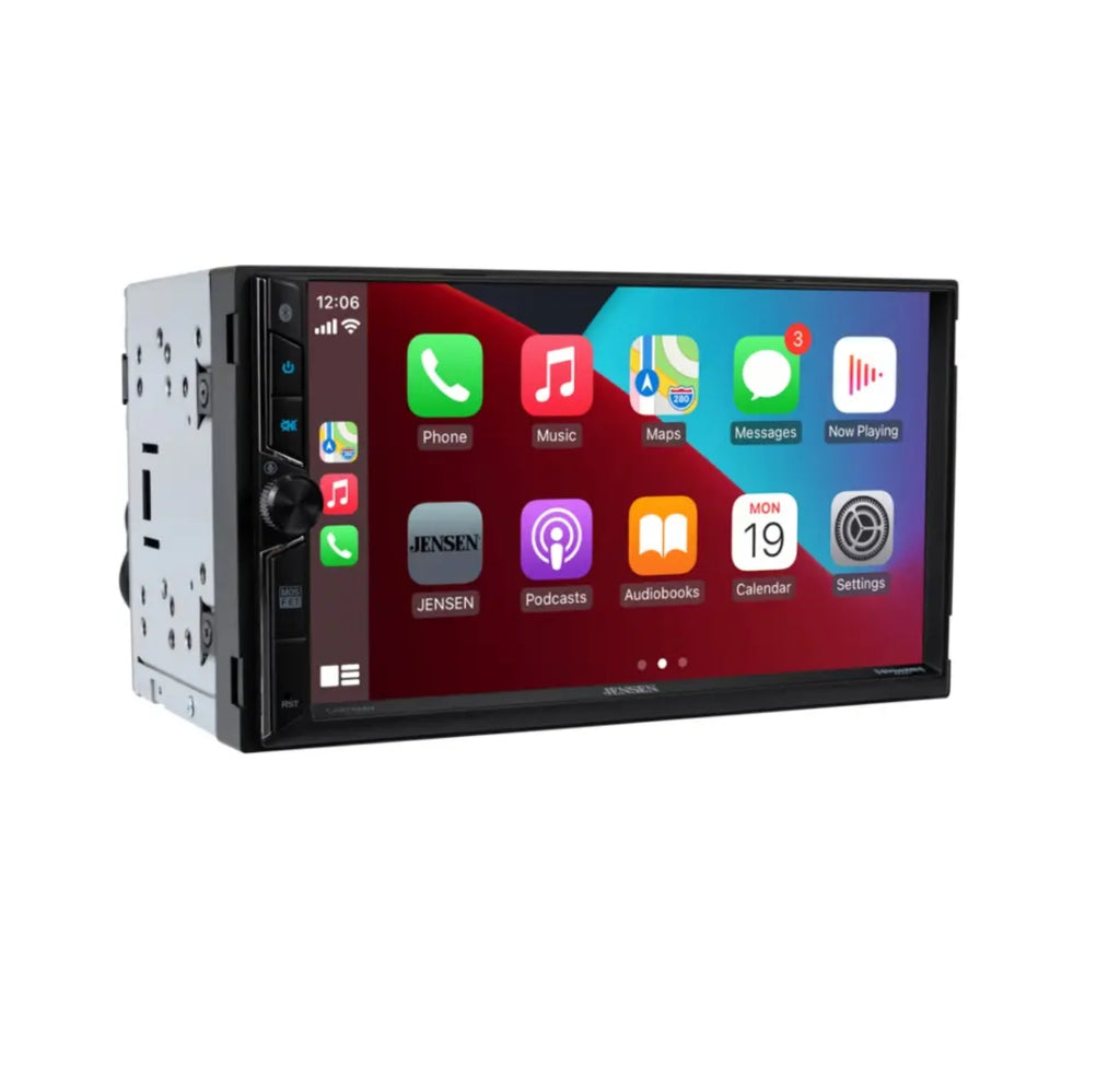 A black car stereo head unit with a large touchscreen display showing an Apple CarPlay interface, photographed on a solid white background.