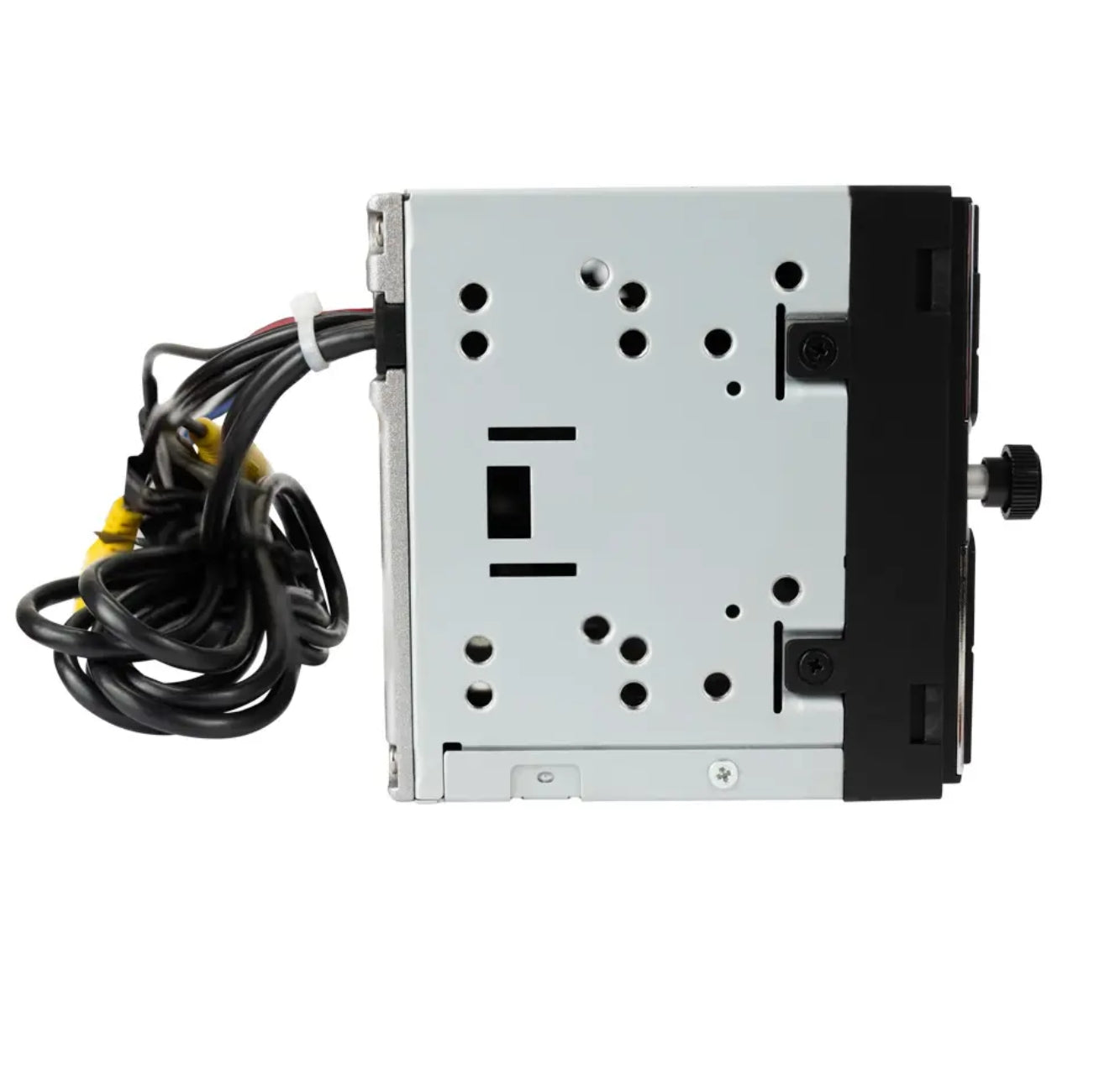 A silver and black electronic module with attached black cables and a small black knob, photographed on a plain white background.
