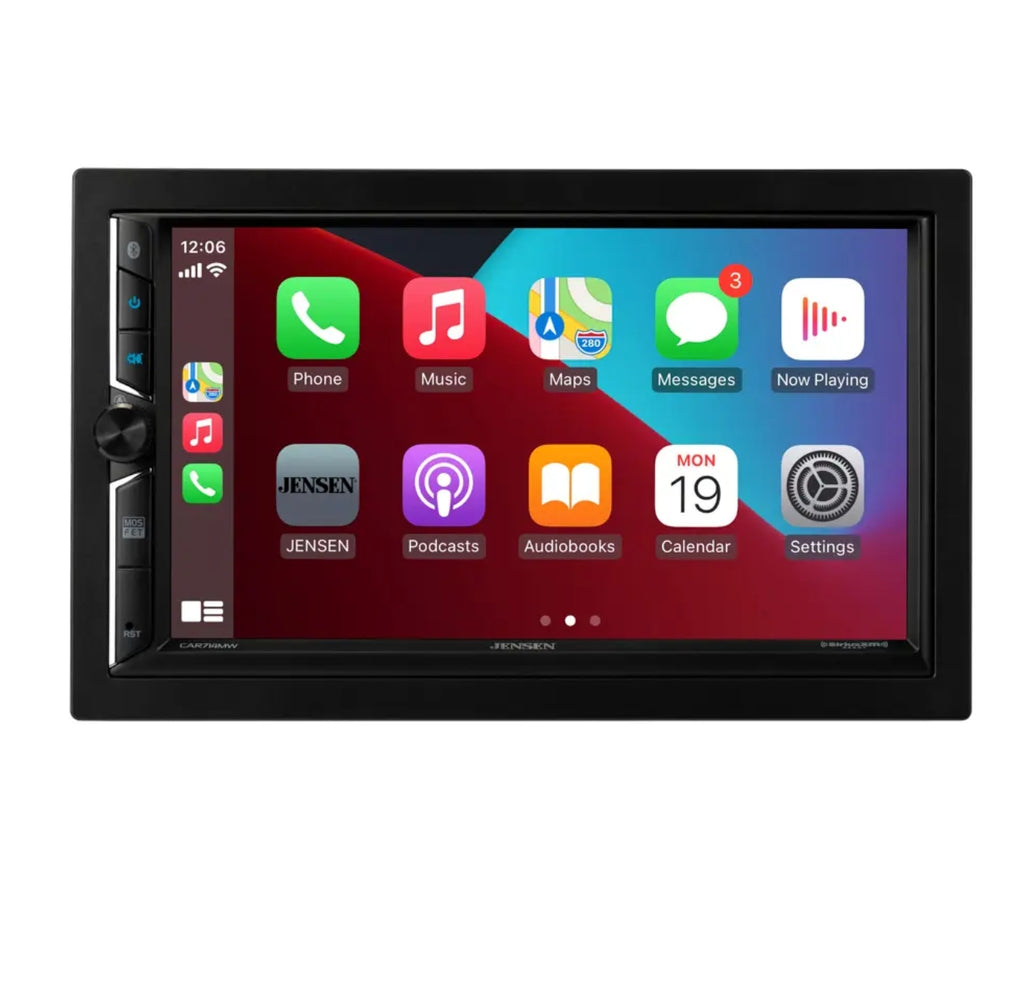 A black car stereo head unit with a touchscreen display showing a customized Android app interface, set against a plain white background.