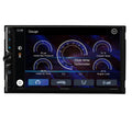 A Kenwood car stereo head unit with a black bezel and a large touchscreen display showing a blue and black dashboard interface. The unit has side controls and a volume knob on the left.
