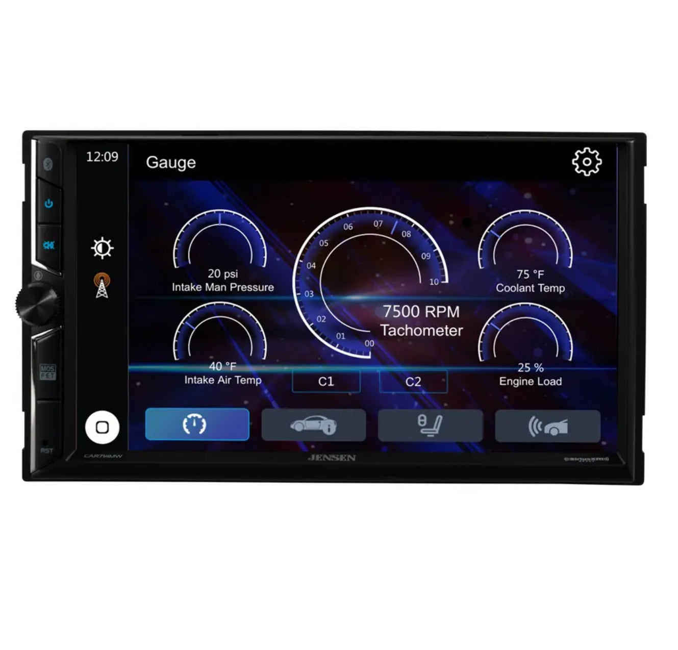 A Kenwood car stereo head unit with a black bezel and a large touchscreen display showing a blue and black dashboard interface. The unit has side controls and a volume knob on the left.