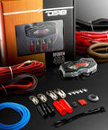 DS18 OFCKIT4 4 Gauge OFC Amplifier Wiring Kit with box, fuse holder, power cable, RCA cables, and accessories