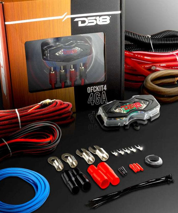 DS18 OFCKIT4 4 Gauge OFC Amplifier Wiring Kit with box, fuse holder, power cable, RCA cables, and accessories