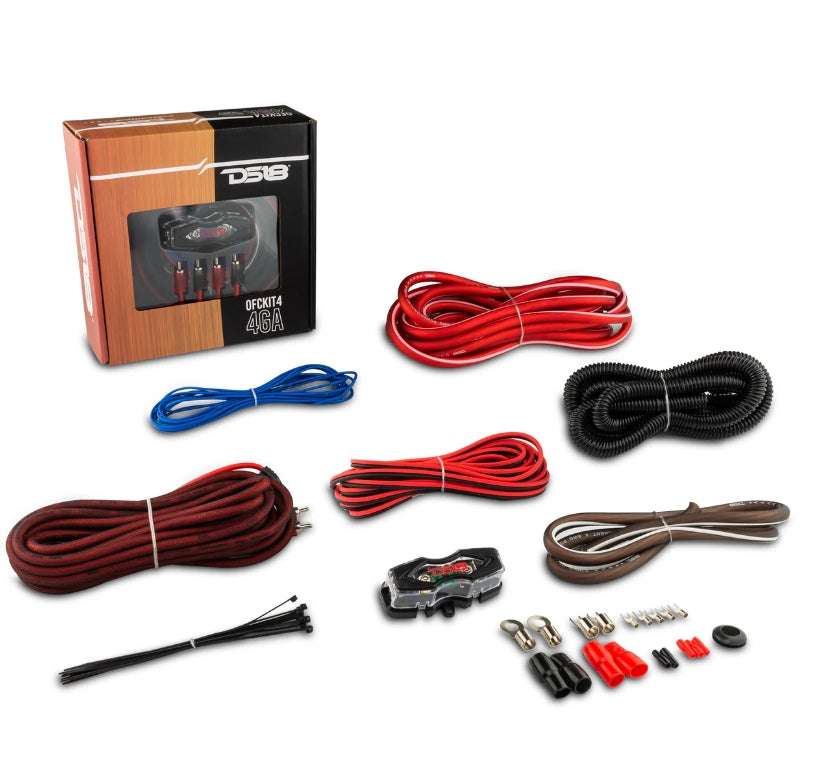 DS18 OFCKIT4 4GA 100% Copper Amplifier Installation Kit complete contents including power wire, ground wire, RCA cable, fuse holder, and hardware