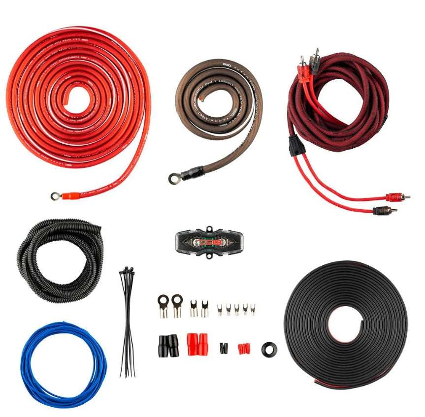 DS18 OFCKIT4 4 Gauge Amp Wiring Kit components - red power wire, ground wire, RCA interconnect, split loom, fuse holder, ring terminals, zip ties, and blue remote wire