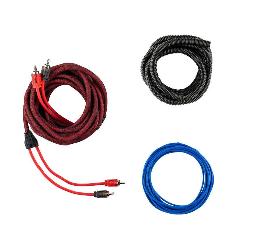 DS18 OFCKIT4 braided RCA interconnect cable, black split loom wire loom, and blue remote turn-on wire for car amplifier installation
