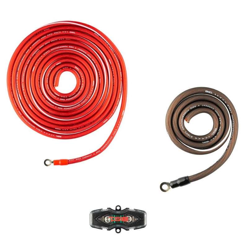 DS18 OFCKIT4 4 AWG OFC red power cable, brown ground cable, and inline fuse holder from 4-gauge amplifier wiring kit