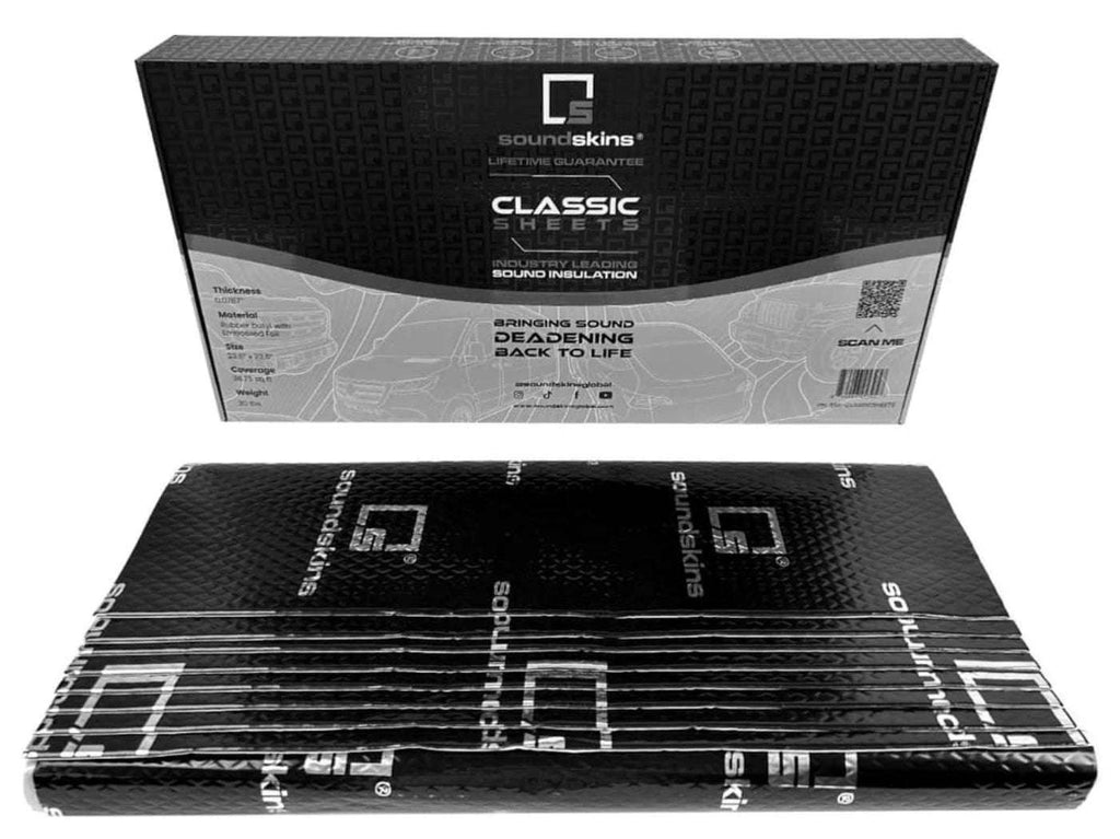 Black SoundSkins Classic Black Sheets sound deadening kit with double layer rubber butyl and diamond embossed foil, 38.75 sq ft