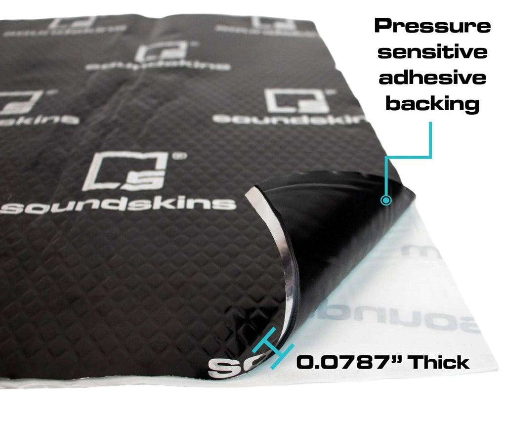 Close-up of black sound deadening sheet with pressure-sensitive adhesive backing, easy to remove, with printed SoundSkins logo