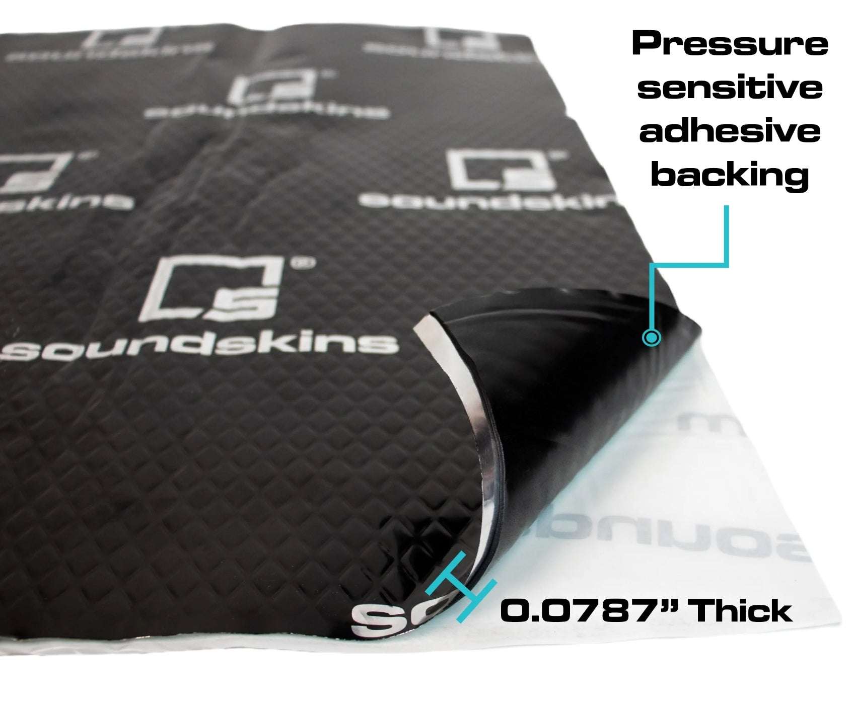 Close-up of black sound deadening sheet with pressure-sensitive adhesive backing, easy to remove, with printed SoundSkins logo