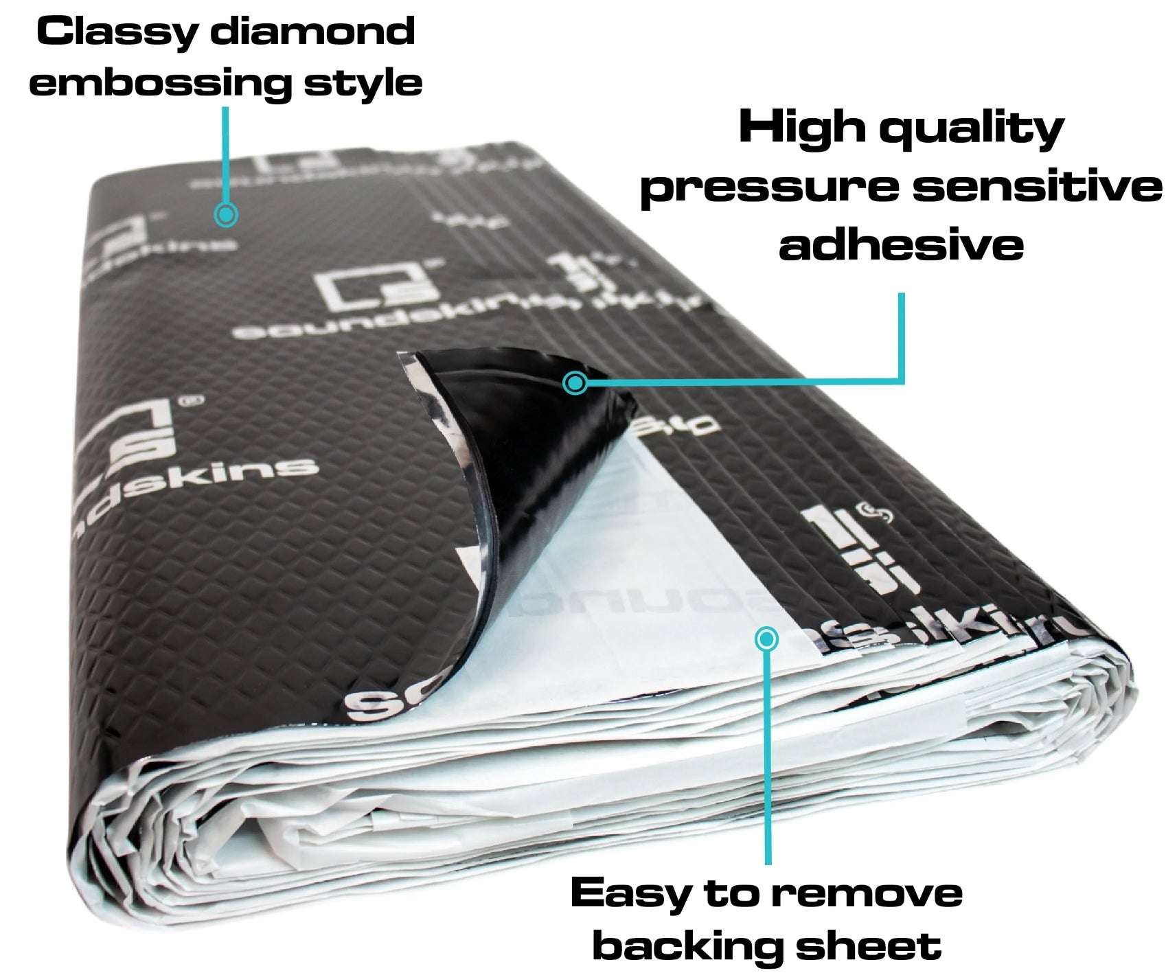 Stack of black SoundSkins sound deadening sheets with diamond embossed foil, measuring 23.6 inches by 23.6 inches, covers 38.75 sq ft
