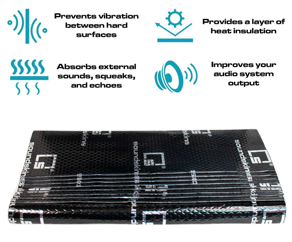 Black SoundSkins sound deadening kit with 8 sheets, each measuring 23.6 inches by 23.6 inches, designed for vehicle interior sound insulation