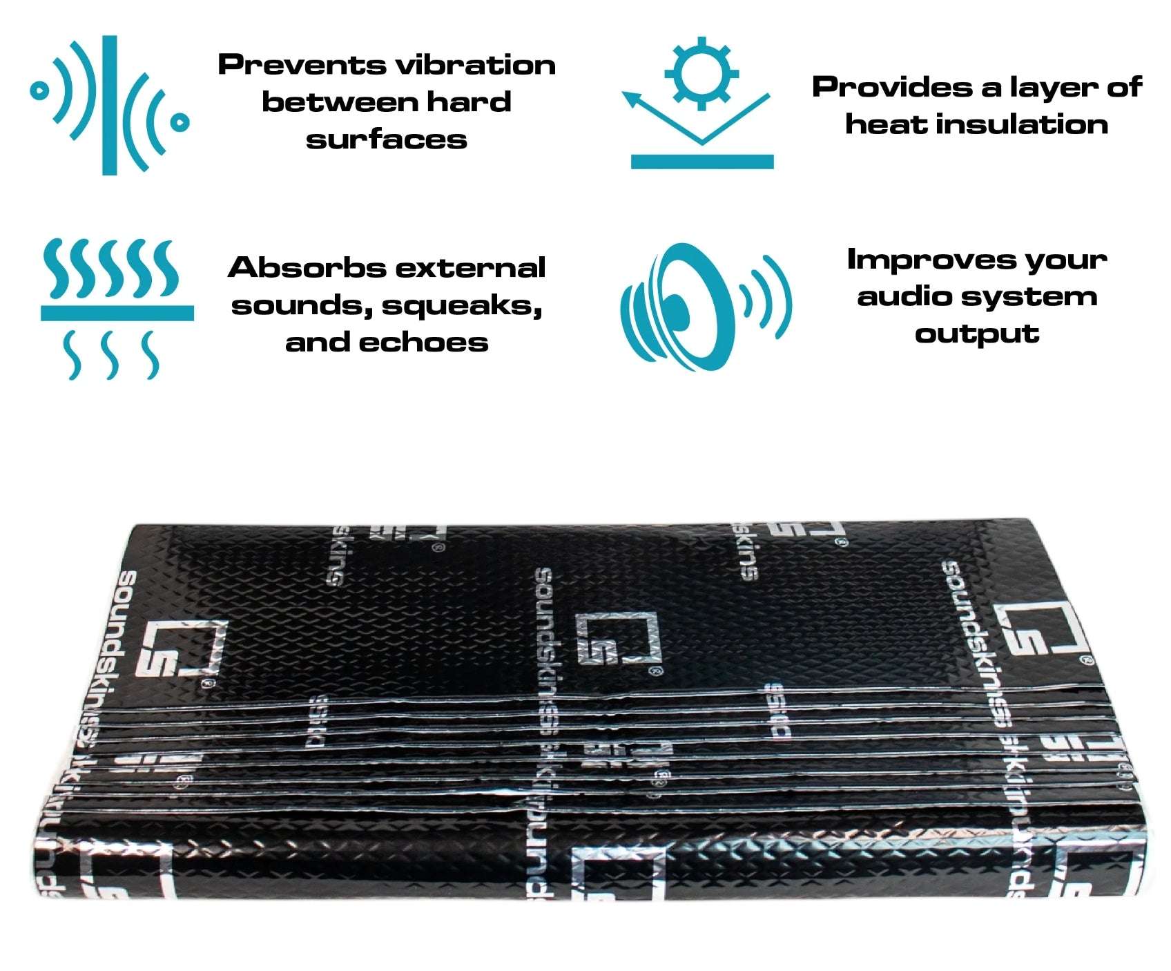 Black SoundSkins sound deadening kit with 8 sheets, each measuring 23.6 inches by 23.6 inches, designed for vehicle interior sound insulation