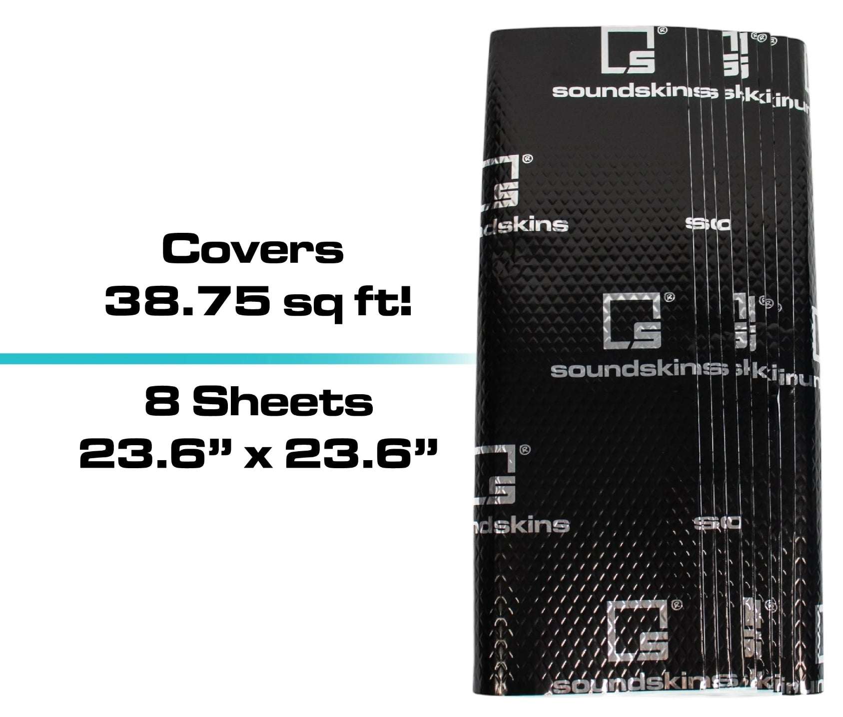 SoundSkins Classic Black sound deadening sheets stacked - 8 sheets at 23.6 x 23.6 inches each, covers 38.75 square feet of vehicle interior