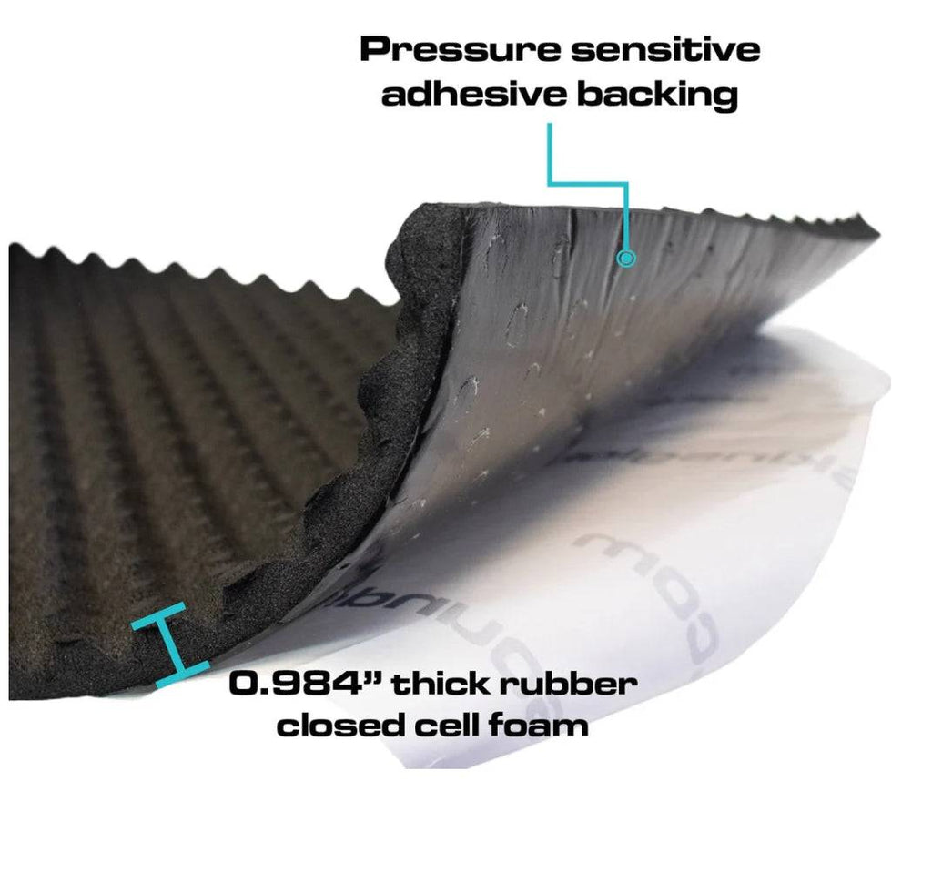 Close-up of pressure-sensitive adhesive backing on black rubber foam sound deadener, 0.984 inches thick, for vehicle soundproofing