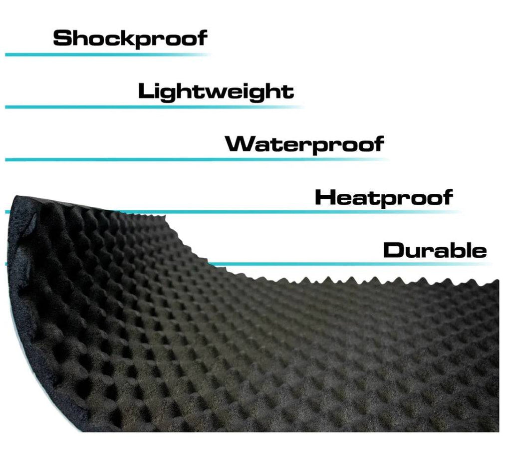 Black textured rubber foam sound deadening material with wavy surface, lightweight, waterproof, shockproof, and durable for vehicle use
