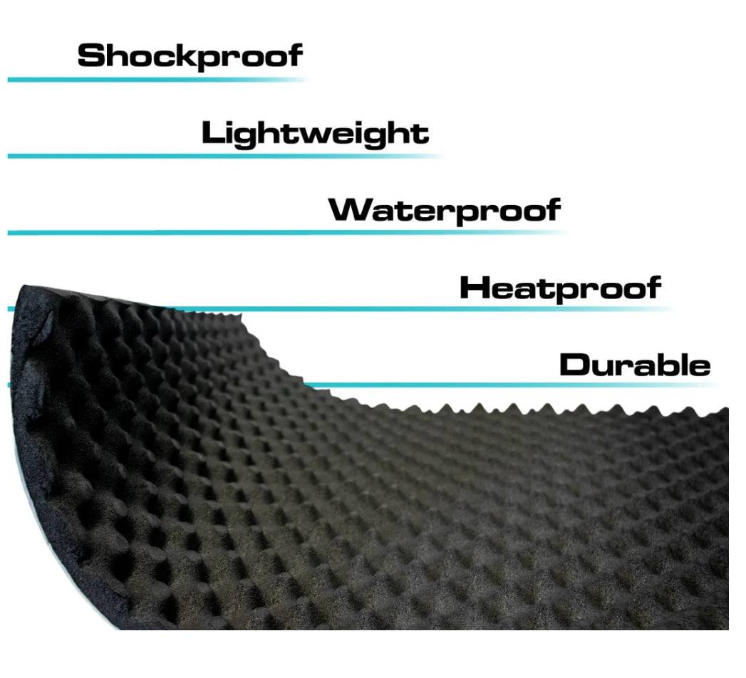Black textured rubber foam sound deadening material with wavy surface, lightweight, waterproof, shockproof, and durable for vehicle use