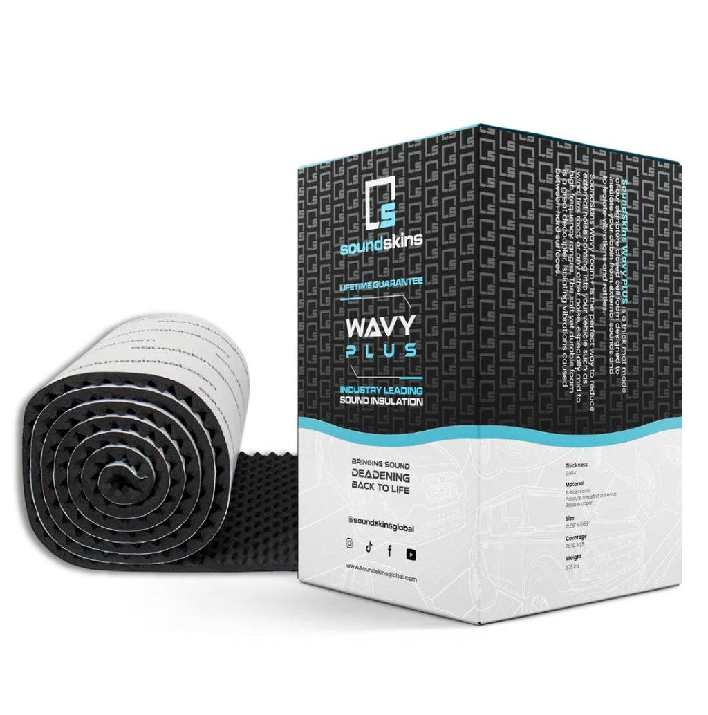 Black lightweight closed cell foam sound deadening mat with wavy texture, 25mm thick, designed for vehicle sound insulation, SKU: SSK-WAVYPLUS