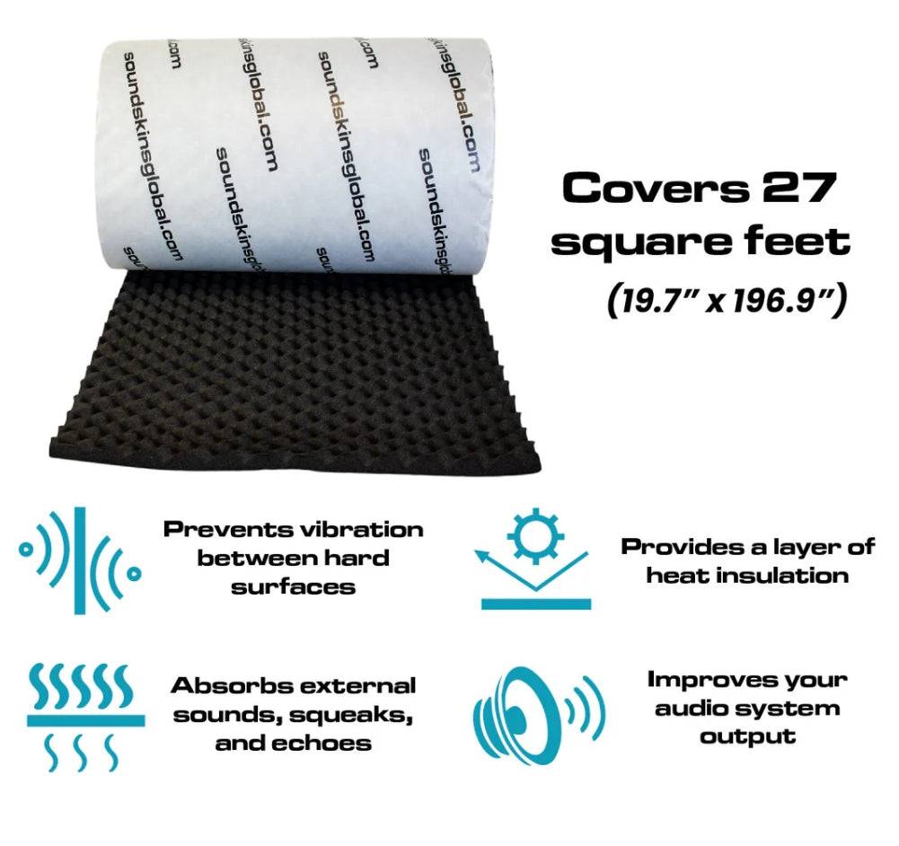 Roll of soundproofing foam insulation with black textured surface, covering 26.92 sq ft, designed to reduce vibrations and noise