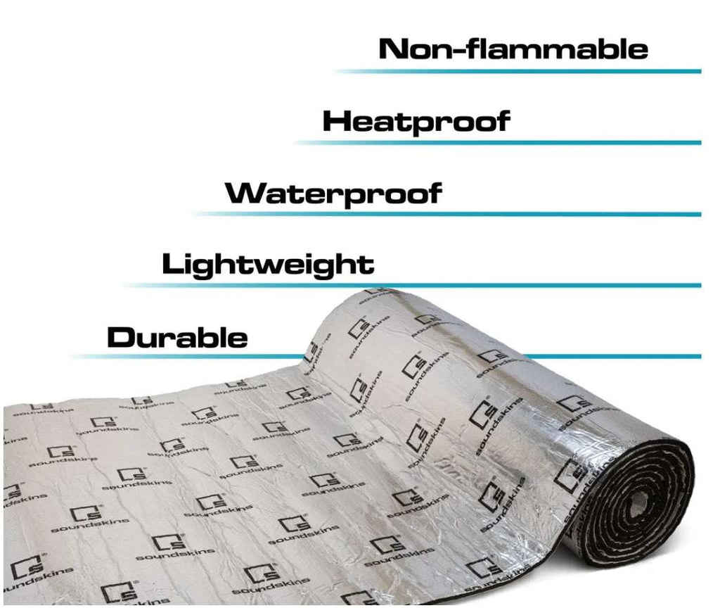 SoundSkins SSK-HTSHLD Heat Shield material properties graphic showing partially unrolled silver roll with callouts: non-flammable, heatproof, waterproof, lightweight, and durable