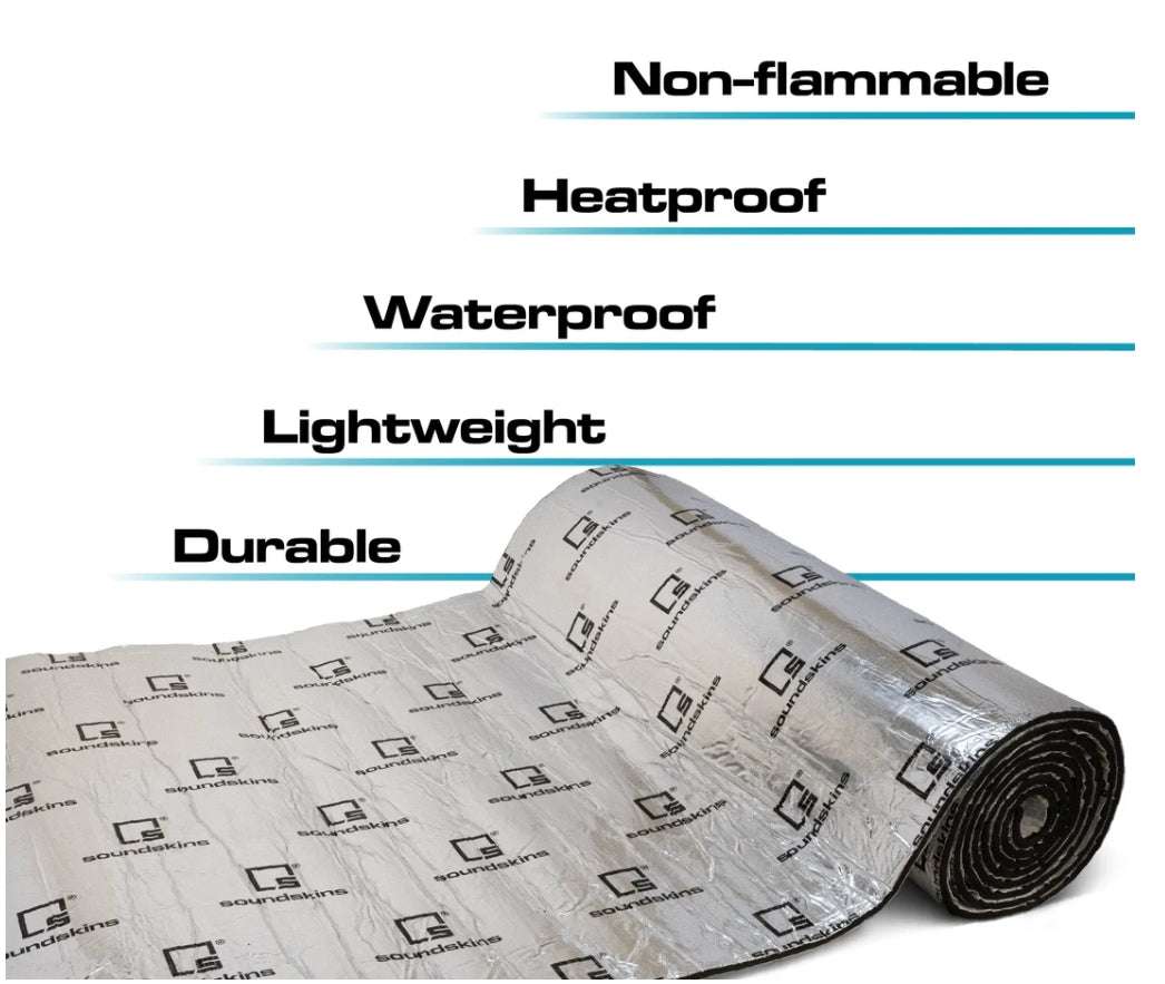 SoundSkins SSK-HTSHLD Heat Shield material properties graphic showing partially unrolled silver roll with callouts: non-flammable, heatproof, waterproof, lightweight, and durable