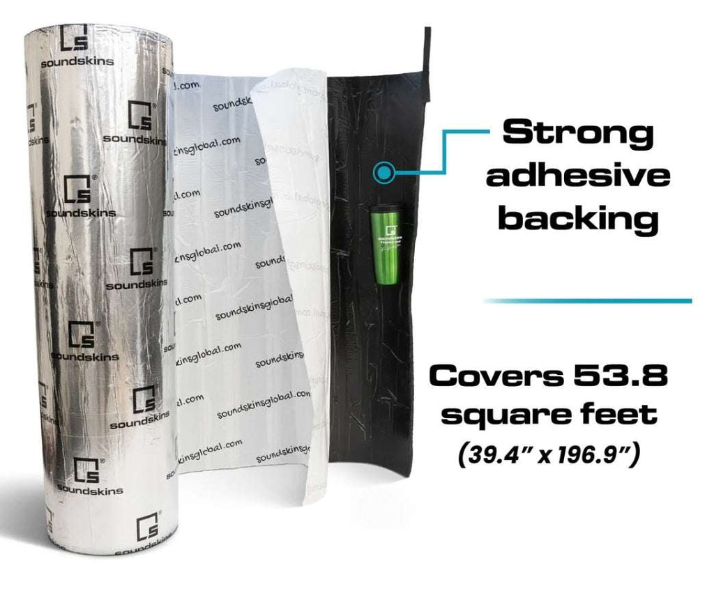 SoundSkins SSK-HTSHLD Heat Shield roll coverage graphic showing upright roll with backing sheet peeled to reveal black rubber foam adhesive layer, SoundSkins roller tool, strong adhesive backing callout, and covers 53.8 square feet at 39.4 inches by 196.9 inches