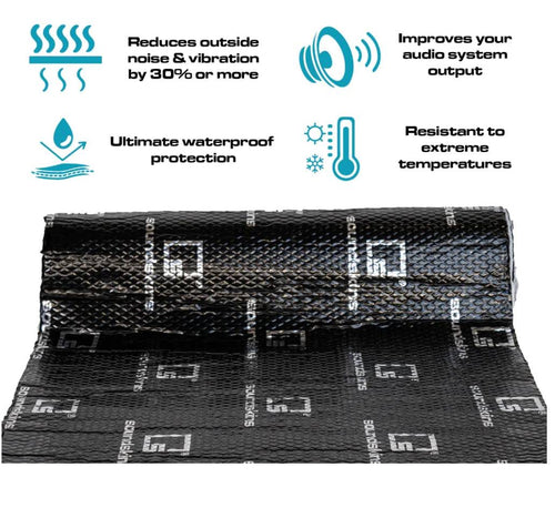 SoundSkins Classic Black sound deadening roll feature graphic showing four benefits: reduces outside noise and vibration by 30% or more, improves audio system output, ultimate waterproof protection, and resistant to extreme temperatures