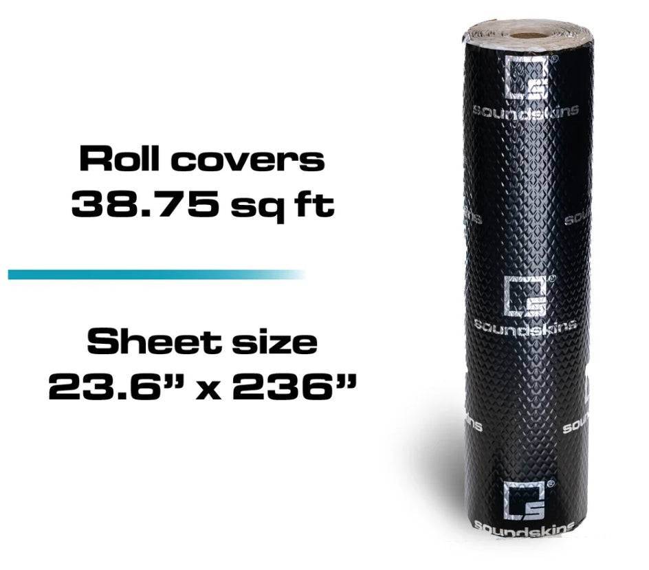 SoundSkins Classic Black sound deadening roll coverage graphic showing upright rolled tube with callouts: roll covers 38.75 square feet, sheet size 23.6 inches by 236 inches