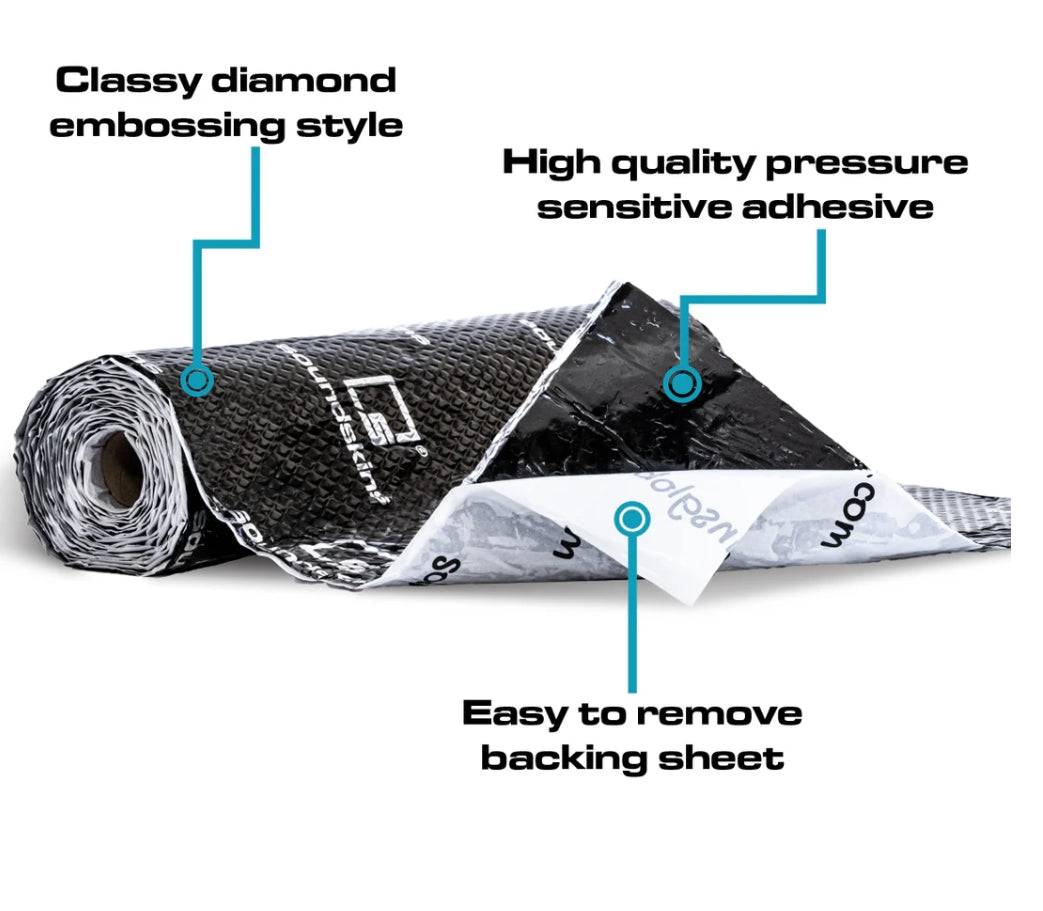 SoundSkins Classic Black sound deadening roll construction graphic showing partially unrolled sheet with callouts: classy diamond embossing style, high quality pressure sensitive adhesive, and easy to remove backing sheet