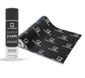 SoundSkins Classic Black sound deadening kit showing cylindrical tube packaging with Classic Black label, Lifetime Guarantee, and Industry Leading Sound Insulation alongside unrolled black butyl deadening sheet with SoundSkins logo pattern