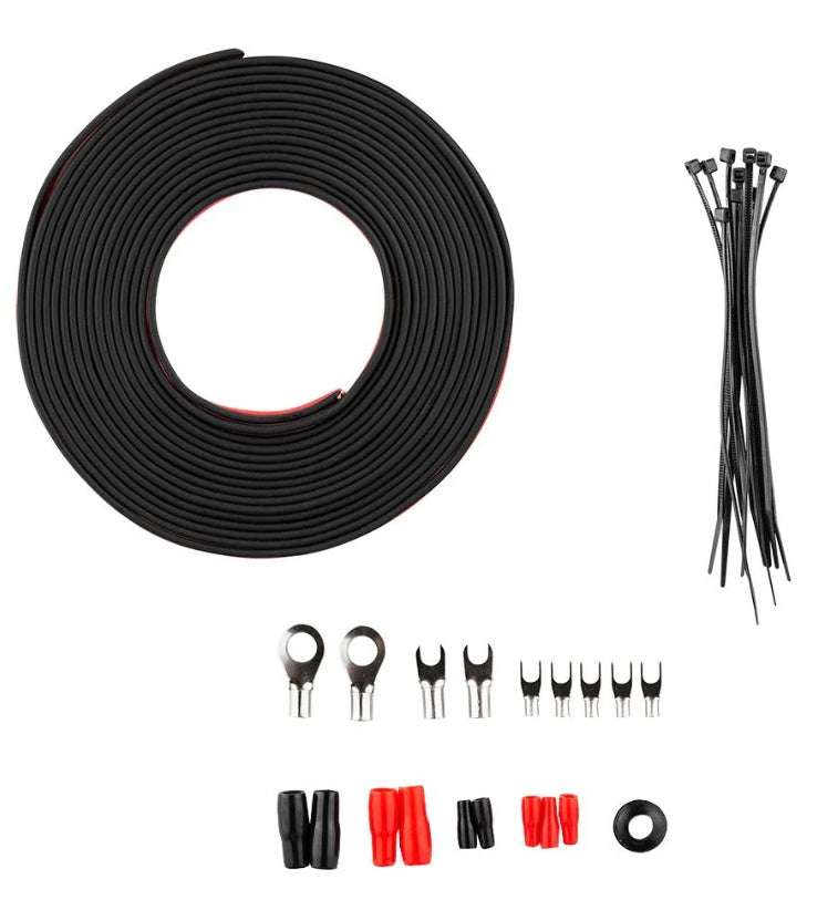 DS18 OFCKIT8 8-gauge OFC amplifier wiring kit hardware accessories flat lay showing black speaker wire roll, black zip ties, ring terminals, fork terminals, red and black butt connectors, and rubber grommet