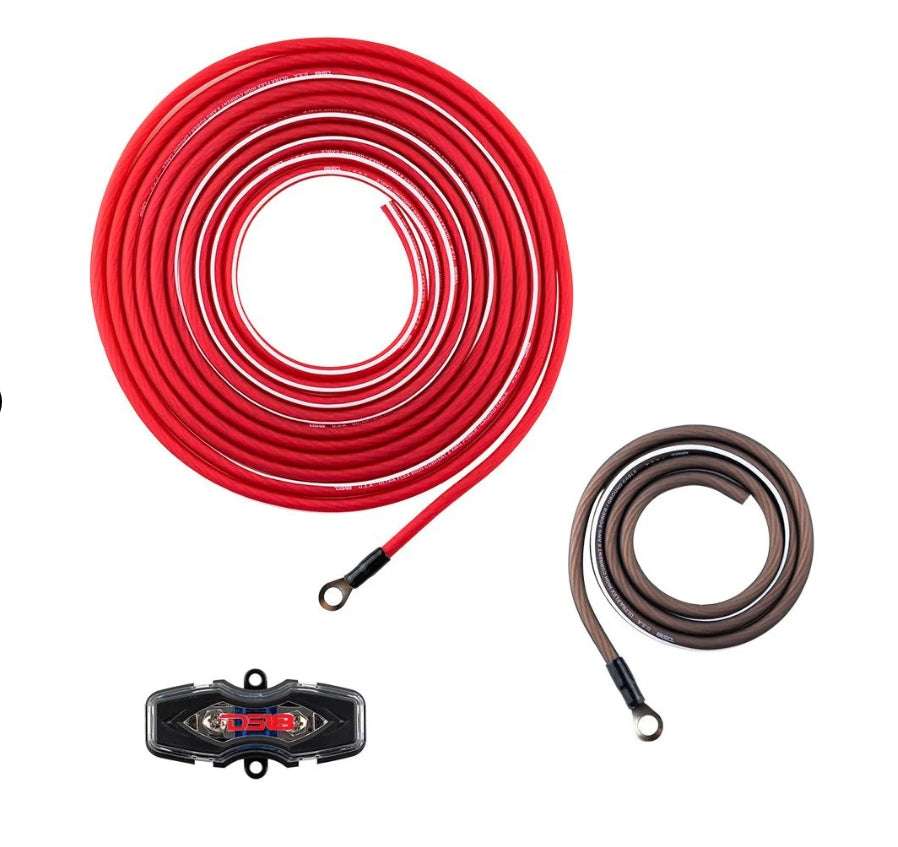 DS18 OFCKIT8 8-gauge OFC amplifier wiring kit power cable close-up showing 17-ft red 8-gauge OFC power cable coil with ring terminal, brown OFC ground cable with ring terminal, and DS18 ANL fuse holder with clear cover