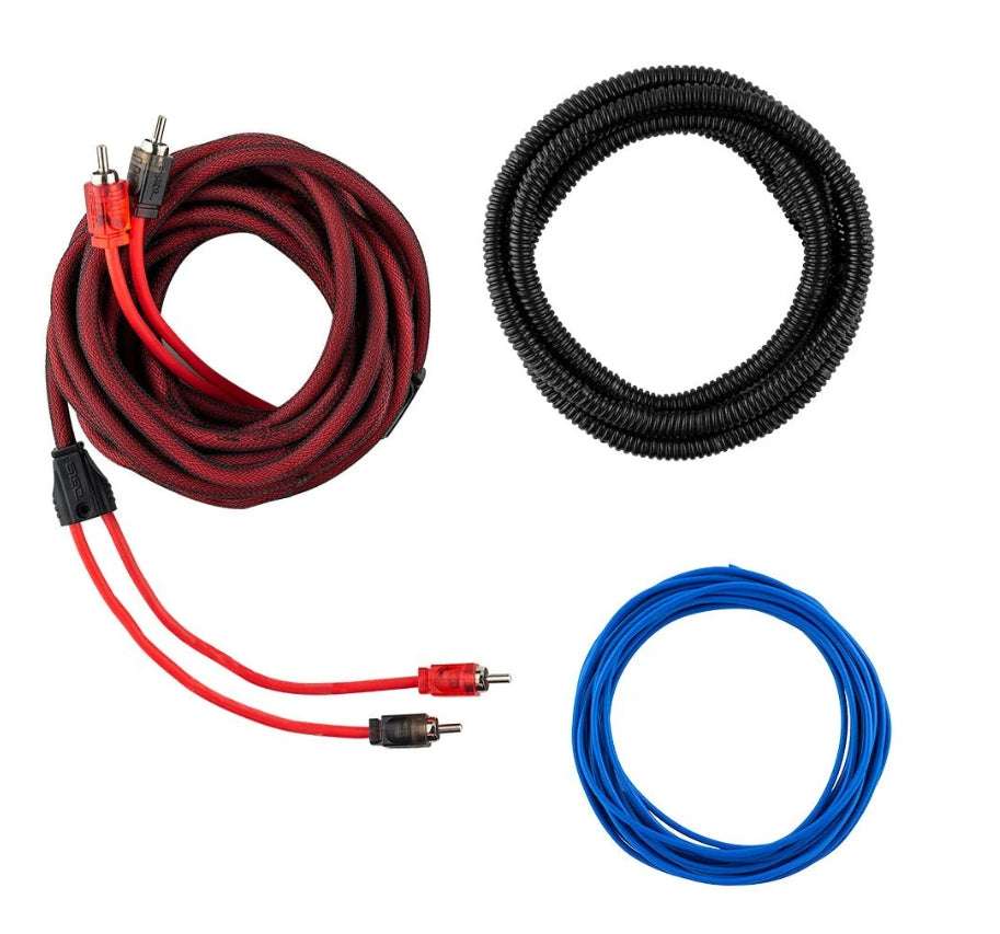 DS18 OFCKIT8 8-gauge OFC amplifier wiring kit signal cables flat lay showing red, black braided twisted RCA cable with RCA connectors, black corrugated loom tube, and blue remote turn-on wire