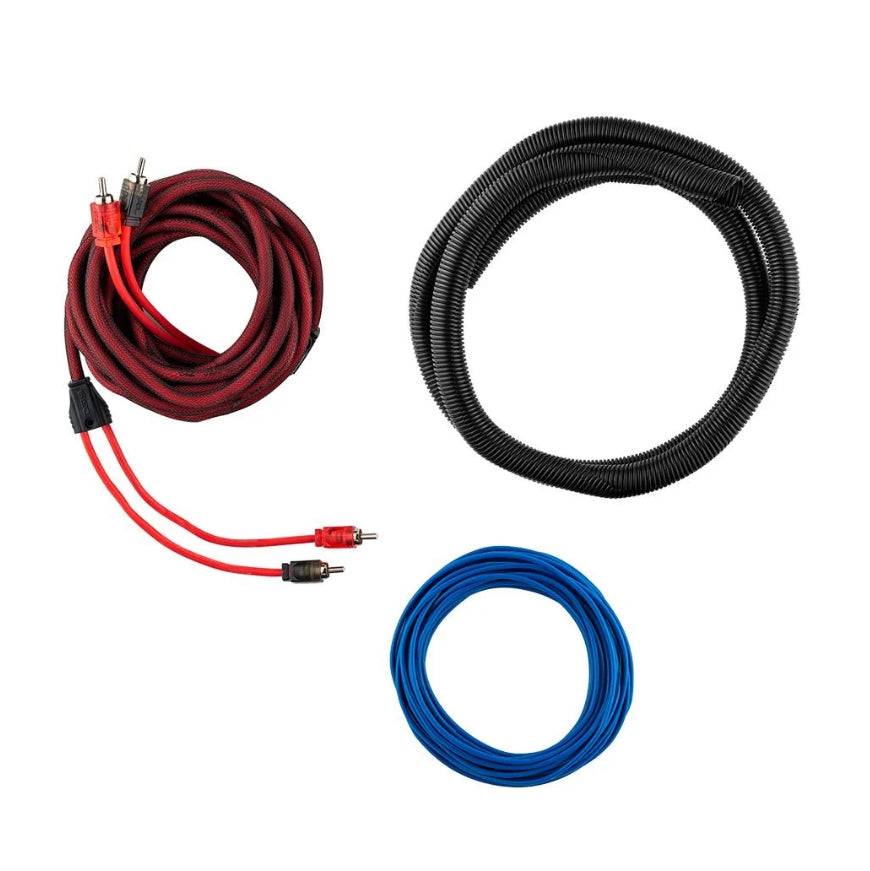 DS18 OFCKIT0 0-gauge OFC amplifier wiring kit signal cables flat lay showing 17-ft red, black braided twisted RCA cable with gold-tipped RCA connectors, black corrugated loom tube, and blue remote turn-on wire