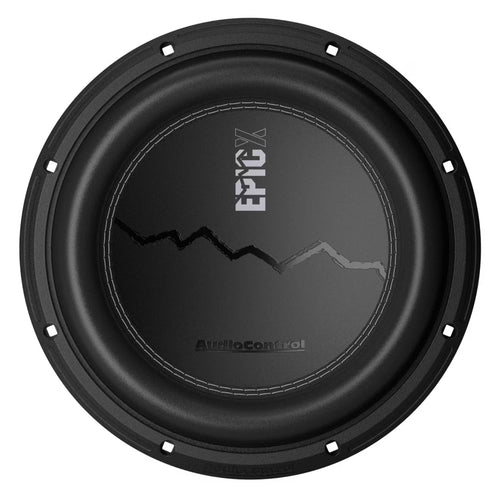 AudioControl EPICX10D4 10 inch subwoofer front view showing black non-pressed paper cone with white stitched surround, EPIC X logo dust cap with mountain graphic, and AudioControl branding
