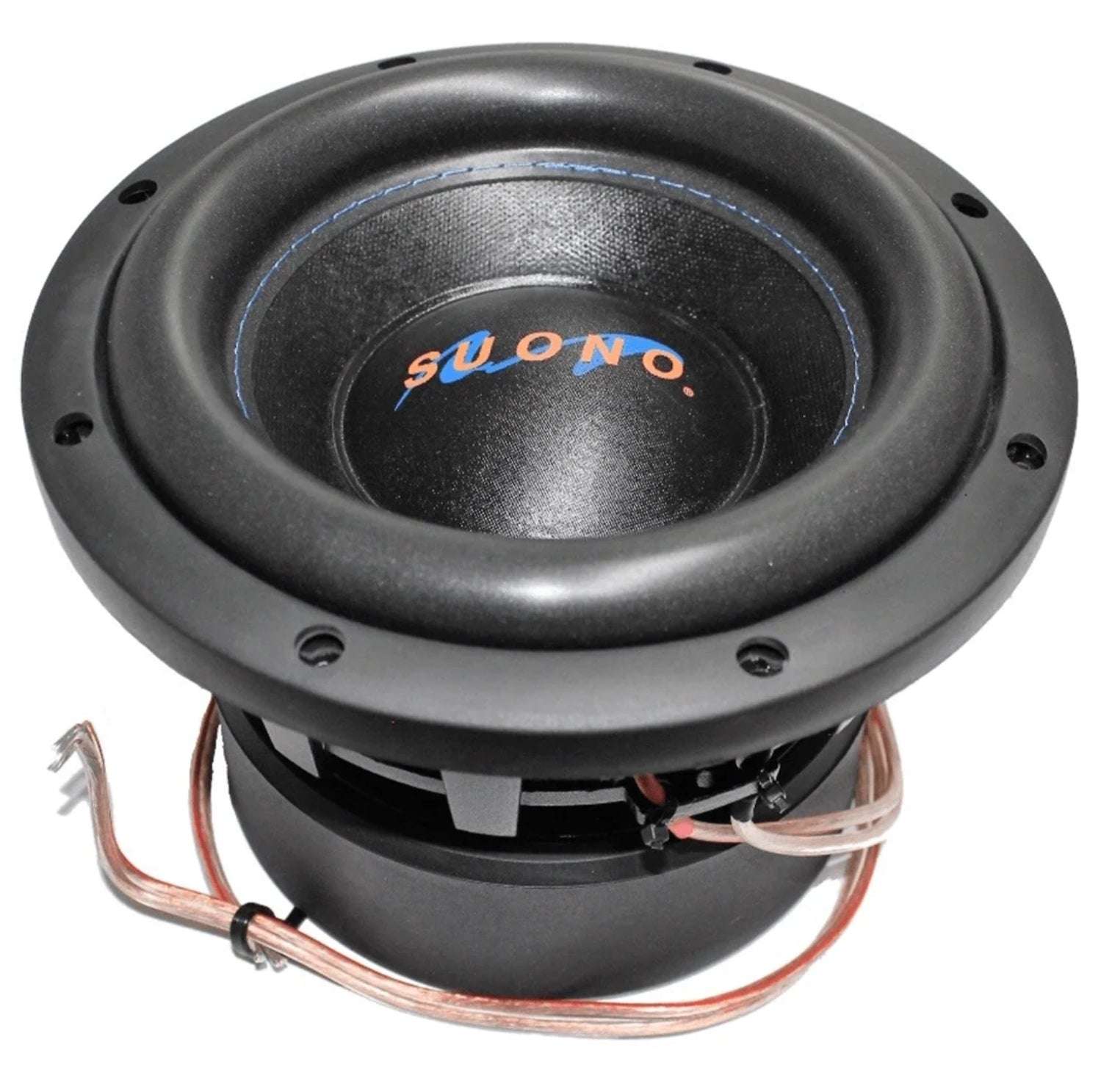 Suono PRO-8D4 8 inch subwoofer straight-on elevated front view showing black non-pressed paper cone, black EROM foam surround, Suono logo dust cap, die-cast basket, and vented spider assembly with tinsel leads
