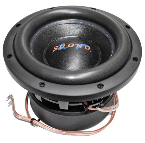 Suono PRO-8D4 8 inch subwoofer straight-on elevated front view showing black non-pressed paper cone, black EROM foam surround, Suono logo dust cap, die-cast basket, and vented spider assembly with tinsel leads