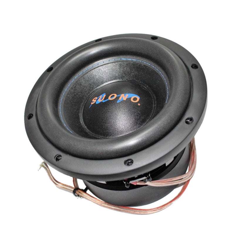 Suono PRO-8D4 8 inch subwoofer angled top-down front view showing black non-pressed paper cone, black EROM foam surround, Suono logo dust cap, and black die-cast basket with eight mounting holes