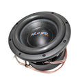 Suono PRO-8D4 8 inch subwoofer angled top-down front view showing black non-pressed paper cone, black EROM foam surround, Suono logo dust cap, and black die-cast basket with eight mounting holes