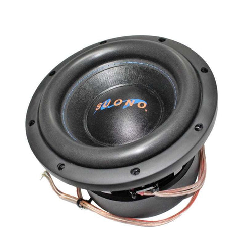 Suono PRO-8D4 8 inch subwoofer angled top-down front view showing black non-pressed paper cone, black EROM foam surround, Suono logo dust cap, and black die-cast basket with eight mounting holes