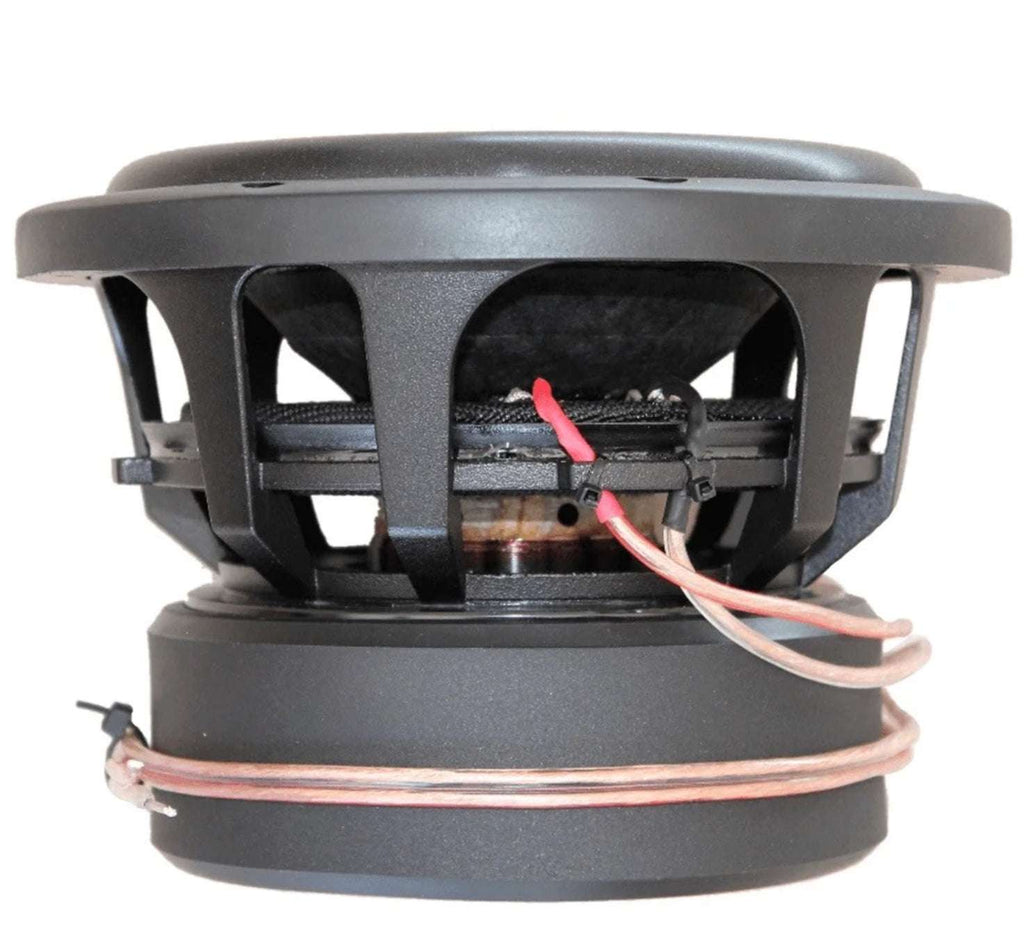 Suono PRO-8D4 8 inch subwoofer side profile view showing vented die-cast basket, dual spider, large motor structure with vented pole piece, and red and copper dual 4 ohm voice coil tinsel leads