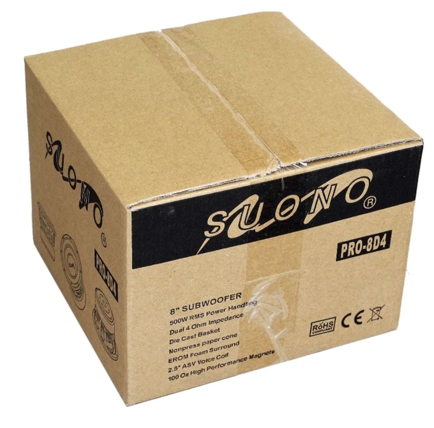 Suono PRO-8D4 8 inch subwoofer retail shipping box showing Suono logo, PRO-8D4 model, 8 inch subwoofer, 500W RMS power handling, dual 4 ohm impedance, die cast basket, non-pressed paper cone, EROM foam surround, 2.9 inch ASV voice coil, 100 oz high performance magnets, RoHS compliant and CE marks