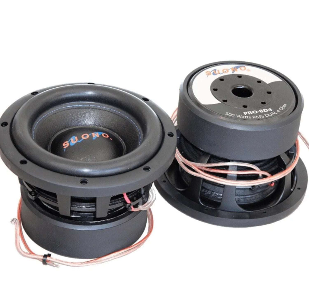 Suono PRO-8D4 8 inch subwoofer pair angled view showing one unit face-up with black cone and Suono logo dust cap, and one unit showing motor bottom with PRO-8D4 label, 500 Watts RMS Dual 4 Ohm, Suono logo, and vented pole piece